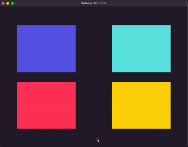 App sample where four color views are laid out and the name of each color shows up when the mouse hovers over the color view.
