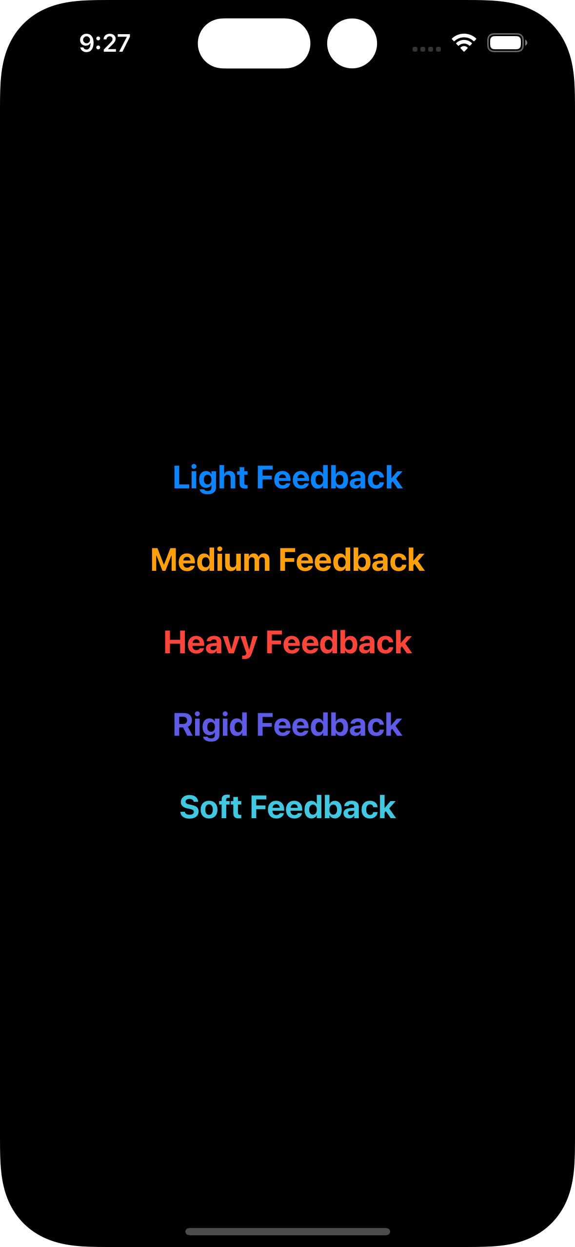 An iPhone screen showing five buttons with titles matching to a different feedback style. The buttons are stacked vertically and they have different colors, which, from top to bottom, are: blue, orange, red, indigo and teal.
