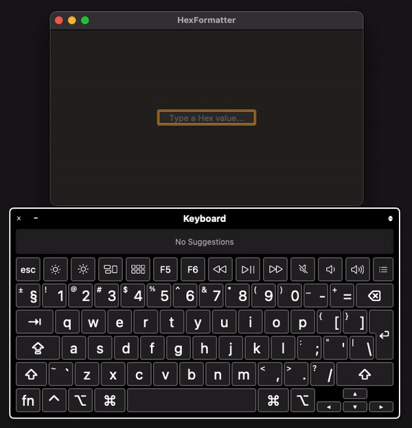 A macOS window with a text field where entering first a valid hex value that gets formatted with the hashtag character, and then entering invalid characters that are not being displayed on the text field.