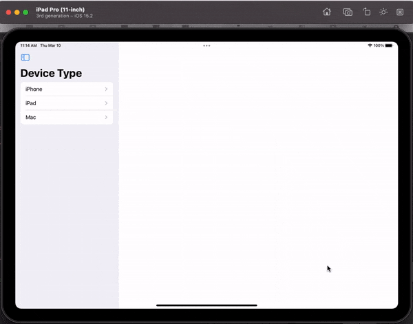 An iPad performing default navigation showing views as columns.