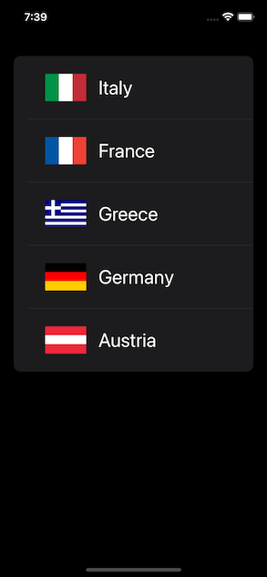 A list showing five countries with their flags, Italy, France, Greece, Germany, Austria.
