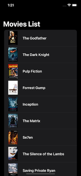 A list of movies with movie image and title