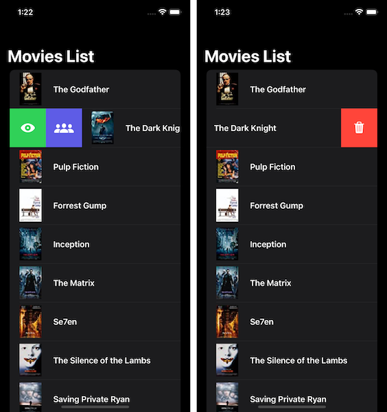 Two screenshots of the movies list side by side demonstrating the swipe actions.