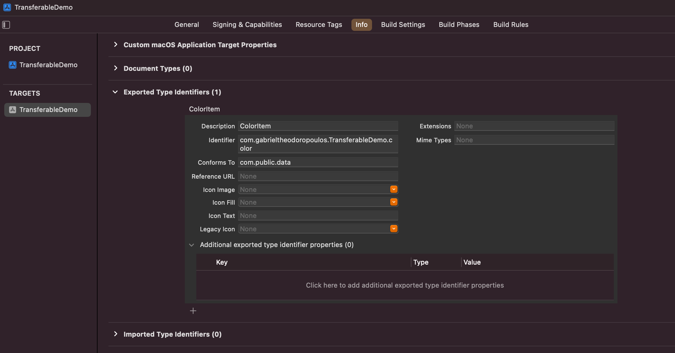 Xcode screenshot showing how to fill in data regarding a custom exported UTI.