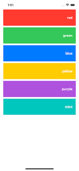 iPhone screenshot showing six colors as a list along with their names. These are red, green, blue, yellow, purple and mint.